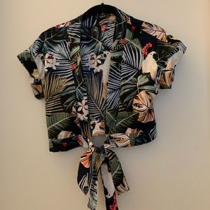 Palm Leaf Printed Front Tie Top